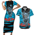 Personalized Sharks ANZAC Tribute Couples Matching Short Sleeve Bodycon Dress and Hawaiian Shirt Poppy Field Soldier Silhouette Aboriginal Rugby Mascot