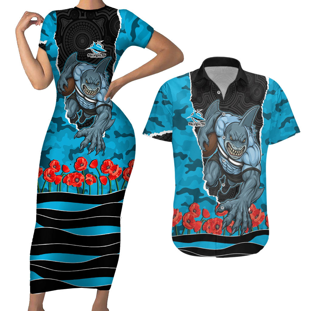 Personalized Sharks ANZAC Tribute Couples Matching Short Sleeve Bodycon Dress and Hawaiian Shirt Poppy Field Soldier Silhouette Aboriginal Rugby Mascot