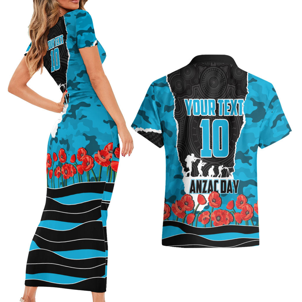 Personalized Sharks ANZAC Tribute Couples Matching Short Sleeve Bodycon Dress and Hawaiian Shirt Poppy Field Soldier Silhouette Aboriginal Rugby Mascot