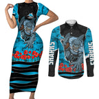 Personalized Sharks ANZAC Tribute Couples Matching Short Sleeve Bodycon Dress and Long Sleeve Button Shirt Poppy Field Soldier Silhouette Aboriginal Rugby Mascot