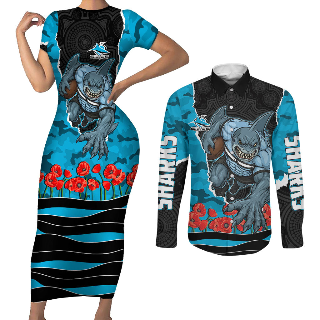 Personalized Sharks ANZAC Tribute Couples Matching Short Sleeve Bodycon Dress and Long Sleeve Button Shirt Poppy Field Soldier Silhouette Aboriginal Rugby Mascot