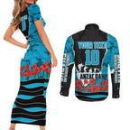Personalized Sharks ANZAC Tribute Couples Matching Short Sleeve Bodycon Dress and Long Sleeve Button Shirt Poppy Field Soldier Silhouette Aboriginal Rugby Mascot
