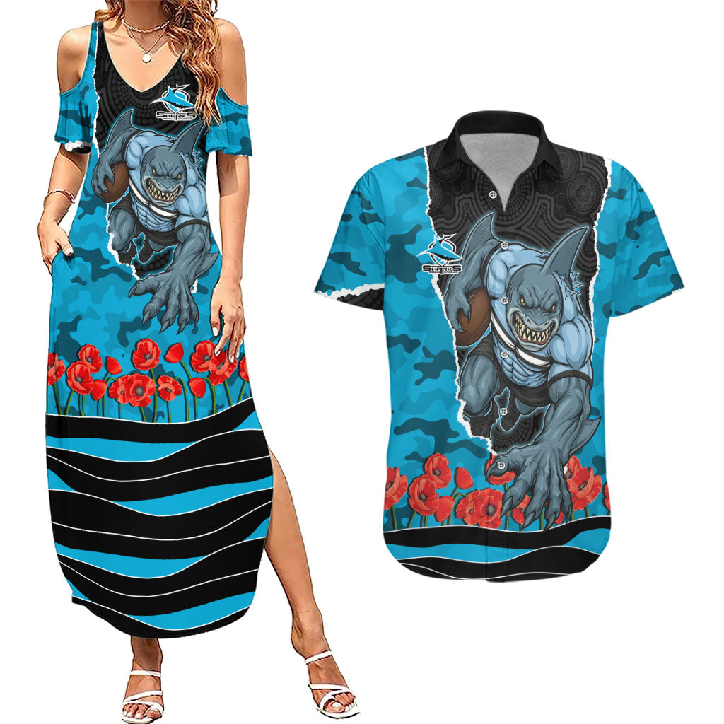 Personalized Sharks ANZAC Tribute Couples Matching Summer Maxi Dress and Hawaiian Shirt Poppy Field Soldier Silhouette Aboriginal Rugby Mascot