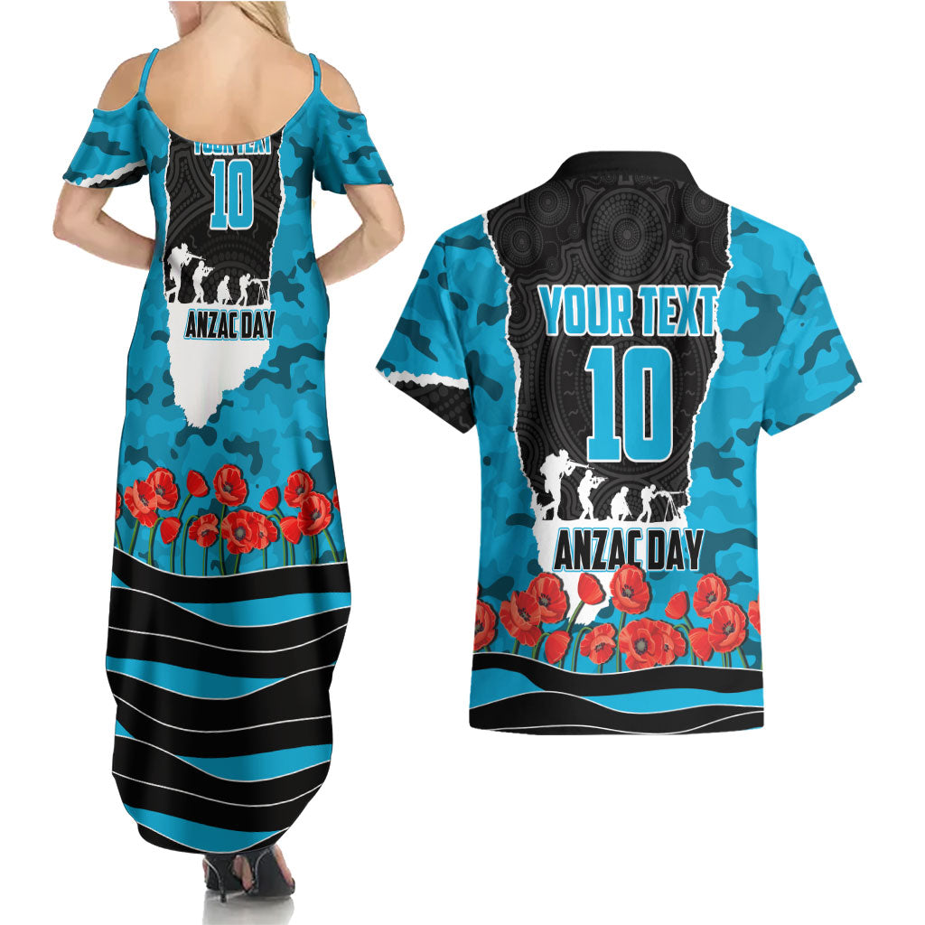 Personalized Sharks ANZAC Tribute Couples Matching Summer Maxi Dress and Hawaiian Shirt Poppy Field Soldier Silhouette Aboriginal Rugby Mascot