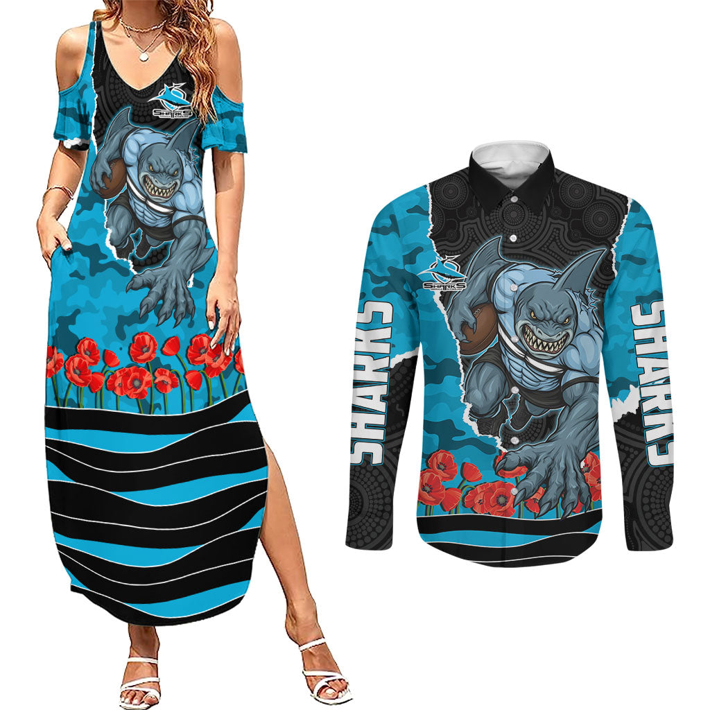 Personalized Sharks ANZAC Tribute Couples Matching Summer Maxi Dress and Long Sleeve Button Shirt Poppy Field Soldier Silhouette Aboriginal Rugby Mascot