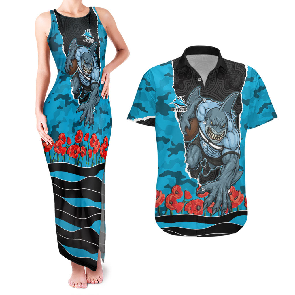 Personalized Sharks ANZAC Tribute Couples Matching Tank Maxi Dress and Hawaiian Shirt Poppy Field Soldier Silhouette Aboriginal Rugby Mascot