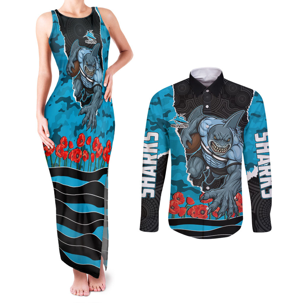 Personalized Sharks ANZAC Tribute Couples Matching Tank Maxi Dress and Long Sleeve Button Shirt Poppy Field Soldier Silhouette Aboriginal Rugby Mascot
