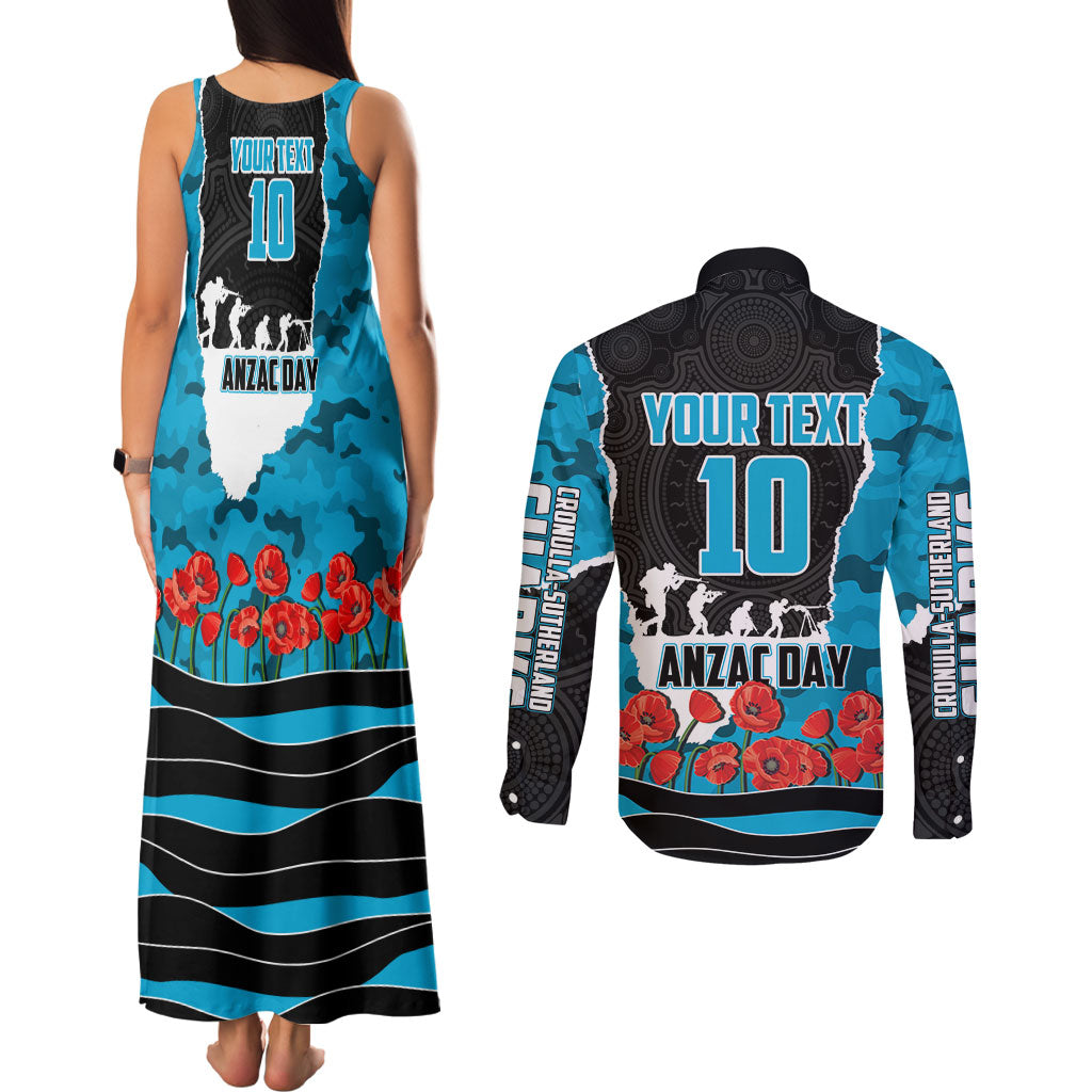 Personalized Sharks ANZAC Tribute Couples Matching Tank Maxi Dress and Long Sleeve Button Shirt Poppy Field Soldier Silhouette Aboriginal Rugby Mascot
