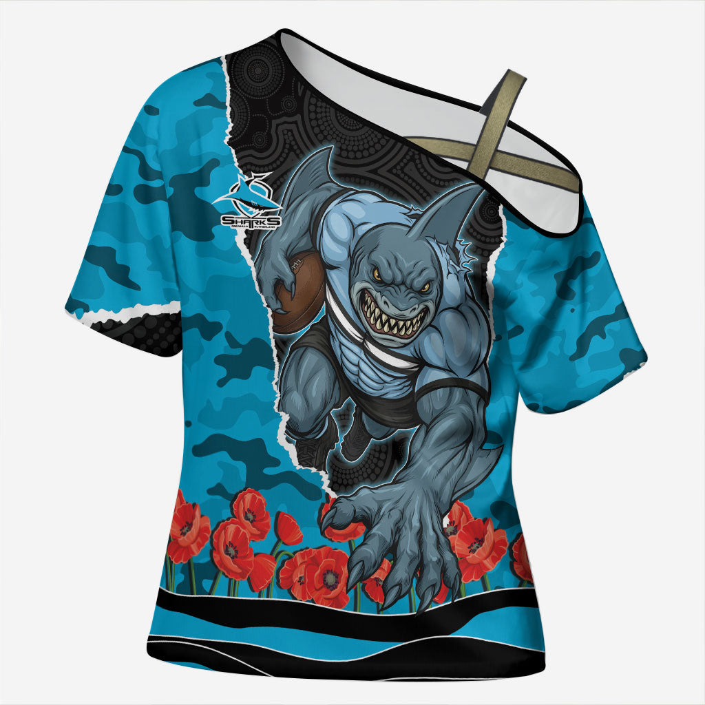 Personalized Sharks ANZAC Tribute Cross Shoulder Shirt Poppy Field Soldier Silhouette Aboriginal Rugby Mascot