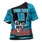 Personalized Sharks ANZAC Tribute Cross Shoulder Shirt Poppy Field Soldier Silhouette Aboriginal Rugby Mascot
