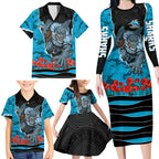 Personalized Sharks ANZAC Tribute Family Matching Long Sleeve Bodycon Dress and Hawaiian Shirt Poppy Field Soldier Silhouette Aboriginal Rugby Mascot