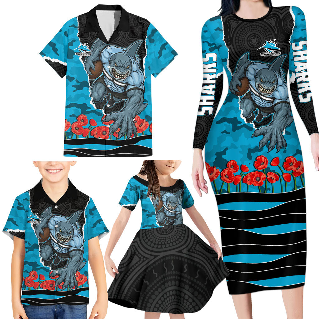 Personalized Sharks ANZAC Tribute Family Matching Long Sleeve Bodycon Dress and Hawaiian Shirt Poppy Field Soldier Silhouette Aboriginal Rugby Mascot