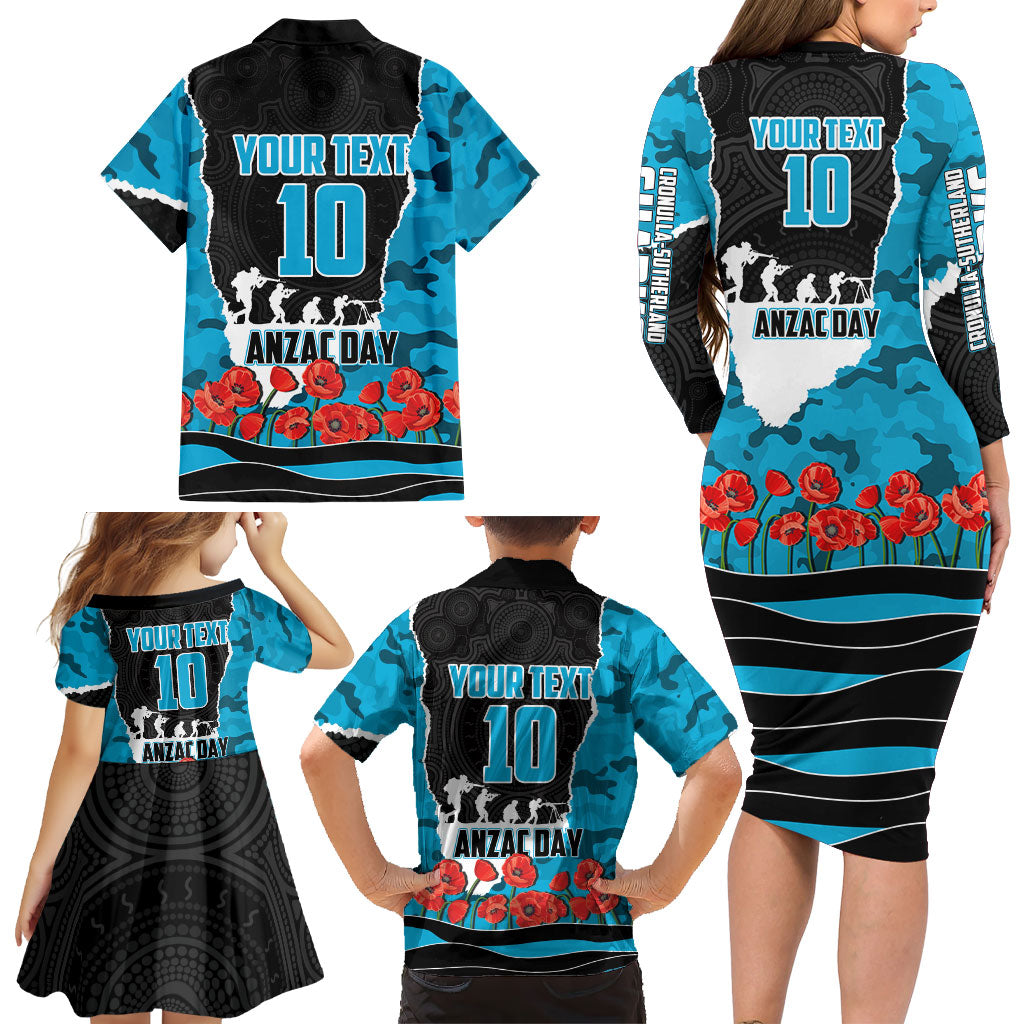 Personalized Sharks ANZAC Tribute Family Matching Long Sleeve Bodycon Dress and Hawaiian Shirt Poppy Field Soldier Silhouette Aboriginal Rugby Mascot