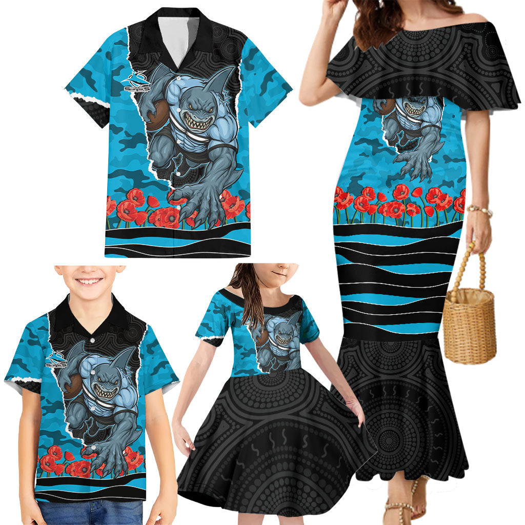 Personalized Sharks ANZAC Tribute Family Matching Mermaid Dress and Hawaiian Shirt Poppy Field Soldier Silhouette Aboriginal Rugby Mascot