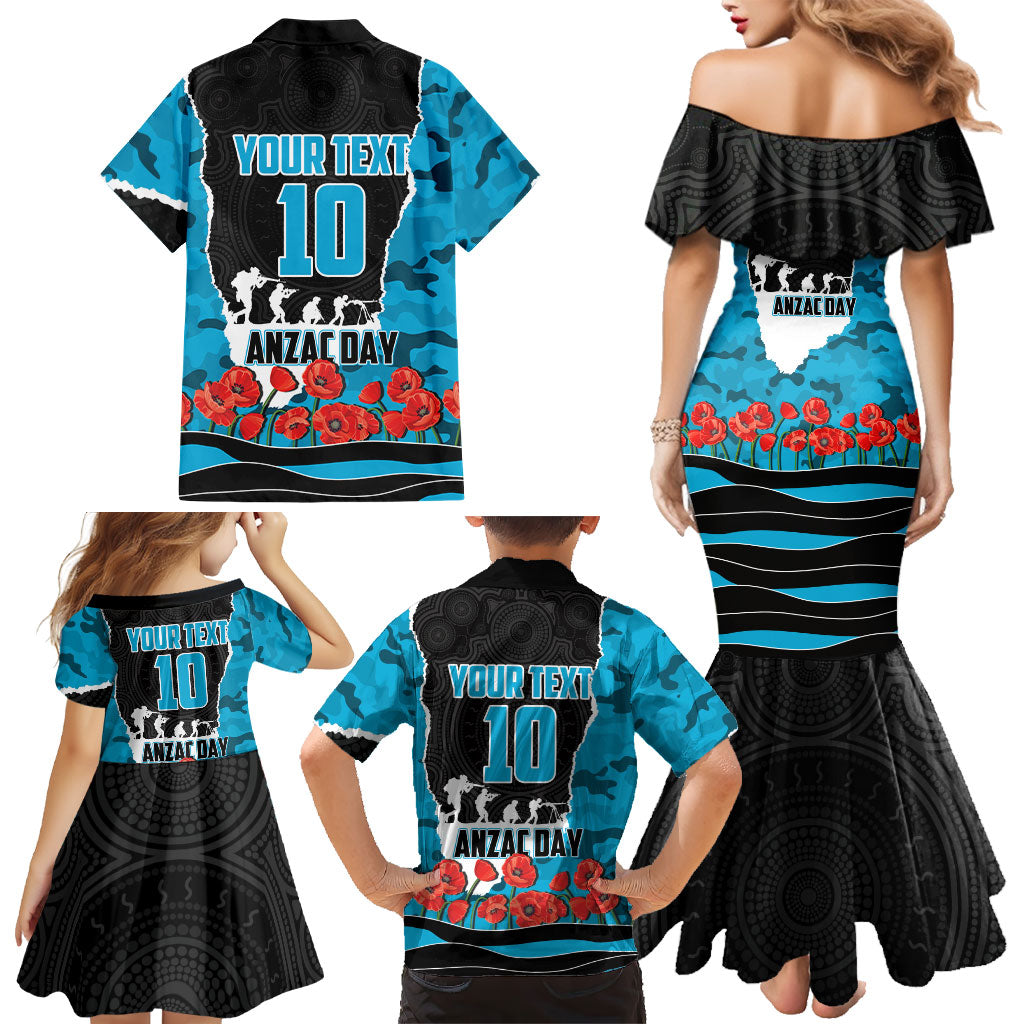 Personalized Sharks ANZAC Tribute Family Matching Mermaid Dress and Hawaiian Shirt Poppy Field Soldier Silhouette Aboriginal Rugby Mascot