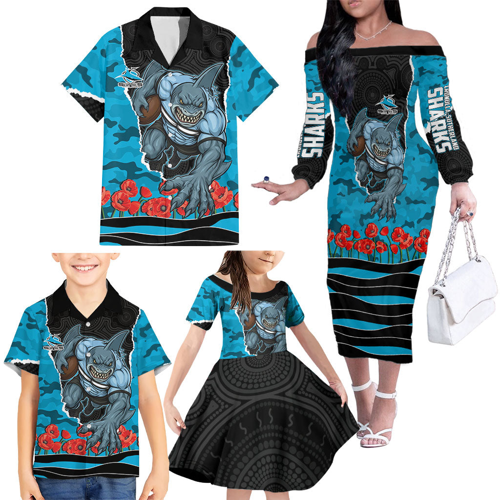Personalized Sharks ANZAC Tribute Family Matching Off The Shoulder Long Sleeve Dress and Hawaiian Shirt Poppy Field Soldier Silhouette Aboriginal Rugby Mascot