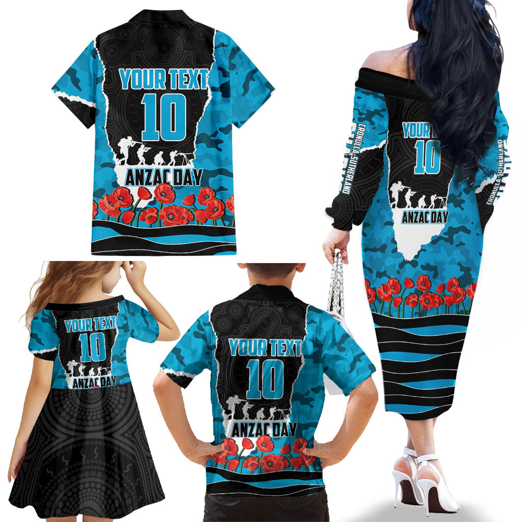 Personalized Sharks ANZAC Tribute Family Matching Off The Shoulder Long Sleeve Dress and Hawaiian Shirt Poppy Field Soldier Silhouette Aboriginal Rugby Mascot