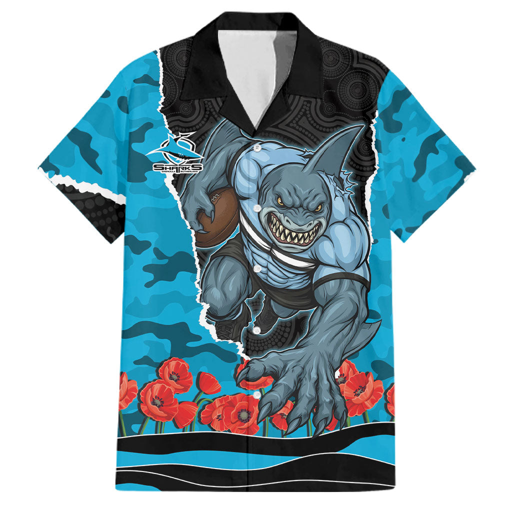 Personalized Sharks ANZAC Tribute Family Matching Off The Shoulder Long Sleeve Dress and Hawaiian Shirt Poppy Field Soldier Silhouette Aboriginal Rugby Mascot