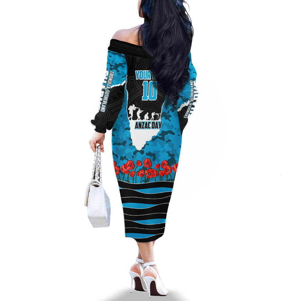 Personalized Sharks ANZAC Tribute Family Matching Off The Shoulder Long Sleeve Dress and Hawaiian Shirt Poppy Field Soldier Silhouette Aboriginal Rugby Mascot