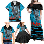 Personalized Sharks ANZAC Tribute Family Matching Off Shoulder Maxi Dress and Hawaiian Shirt Poppy Field Soldier Silhouette Aboriginal Rugby Mascot