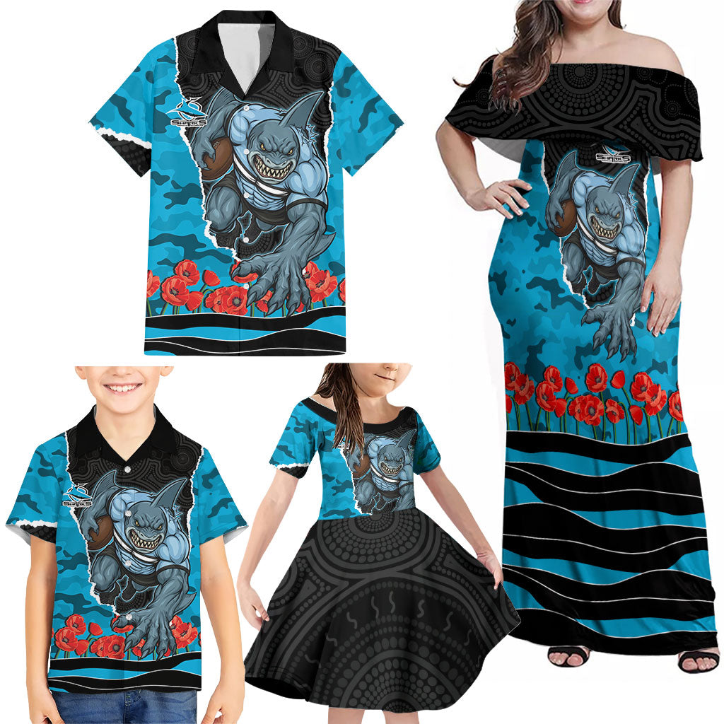 Personalized Sharks ANZAC Tribute Family Matching Off Shoulder Maxi Dress and Hawaiian Shirt Poppy Field Soldier Silhouette Aboriginal Rugby Mascot