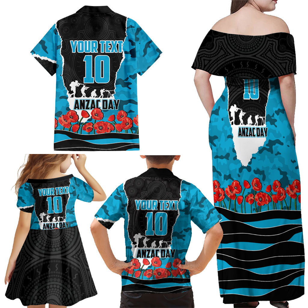 Personalized Sharks ANZAC Tribute Family Matching Off Shoulder Maxi Dress and Hawaiian Shirt Poppy Field Soldier Silhouette Aboriginal Rugby Mascot