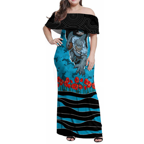 Personalized Sharks ANZAC Tribute Family Matching Off Shoulder Maxi Dress and Hawaiian Shirt Poppy Field Soldier Silhouette Aboriginal Rugby Mascot