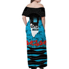 Personalized Sharks ANZAC Tribute Family Matching Off Shoulder Maxi Dress and Hawaiian Shirt Poppy Field Soldier Silhouette Aboriginal Rugby Mascot