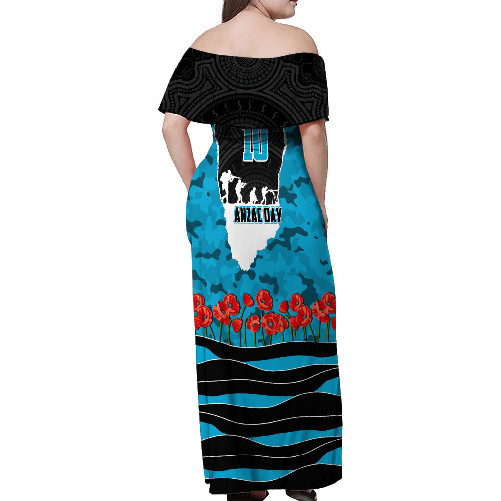 Personalized Sharks ANZAC Tribute Family Matching Off Shoulder Maxi Dress and Hawaiian Shirt Poppy Field Soldier Silhouette Aboriginal Rugby Mascot