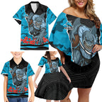 Personalized Sharks ANZAC Tribute Family Matching Off Shoulder Short Dress and Hawaiian Shirt Poppy Field Soldier Silhouette Aboriginal Rugby Mascot