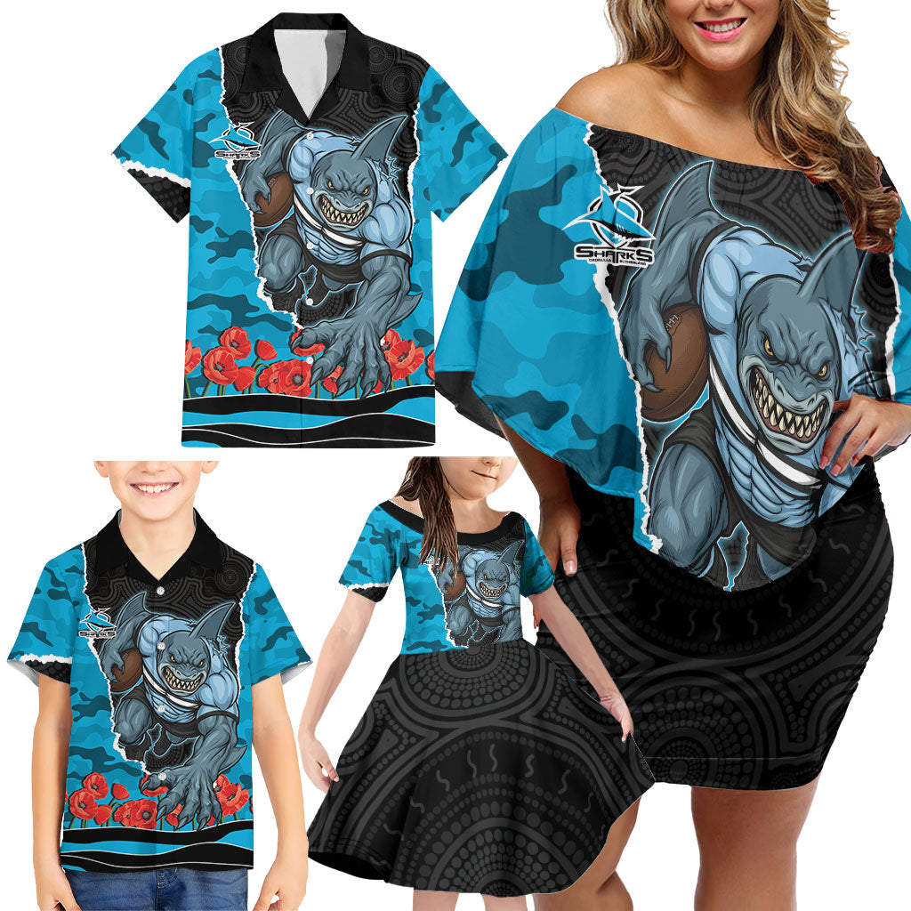 Personalized Sharks ANZAC Tribute Family Matching Off Shoulder Short Dress and Hawaiian Shirt Poppy Field Soldier Silhouette Aboriginal Rugby Mascot