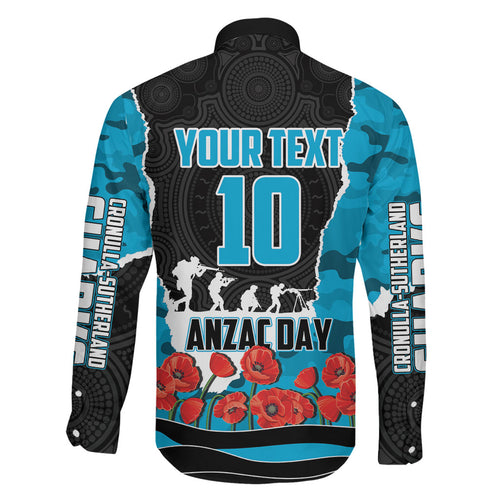 Personalized Sharks ANZAC Tribute Family Matching Off Shoulder Short Dress and Hawaiian Shirt Poppy Field Soldier Silhouette Aboriginal Rugby Mascot