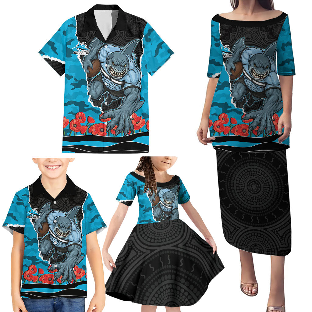 Personalized Sharks ANZAC Tribute Family Matching Puletasi and Hawaiian Shirt Poppy Field Soldier Silhouette Aboriginal Rugby Mascot