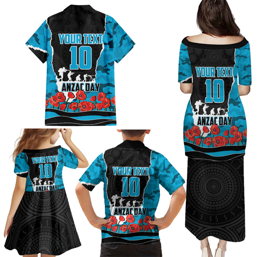 Personalized Sharks ANZAC Tribute Family Matching Puletasi and Hawaiian Shirt Poppy Field Soldier Silhouette Aboriginal Rugby Mascot