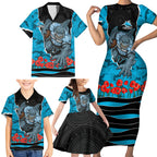 Personalized Sharks ANZAC Tribute Family Matching Short Sleeve Bodycon Dress and Hawaiian Shirt Poppy Field Soldier Silhouette Aboriginal Rugby Mascot