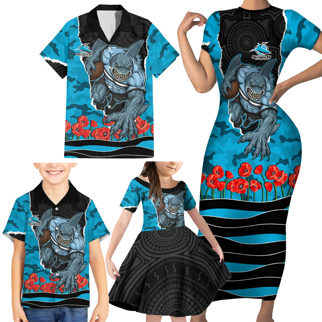 Personalized Sharks ANZAC Tribute Family Matching Short Sleeve Bodycon Dress and Hawaiian Shirt Poppy Field Soldier Silhouette Aboriginal Rugby Mascot