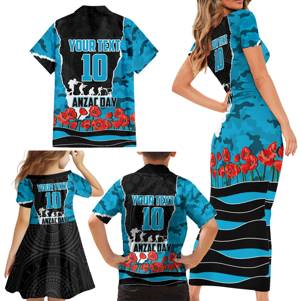 Personalized Sharks ANZAC Tribute Family Matching Short Sleeve Bodycon Dress and Hawaiian Shirt Poppy Field Soldier Silhouette Aboriginal Rugby Mascot