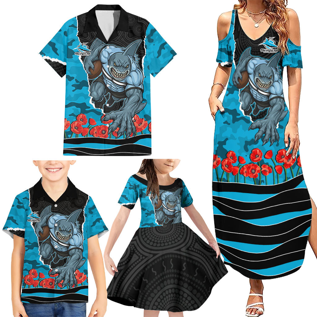 Personalized Sharks ANZAC Tribute Family Matching Summer Maxi Dress and Hawaiian Shirt Poppy Field Soldier Silhouette Aboriginal Rugby Mascot