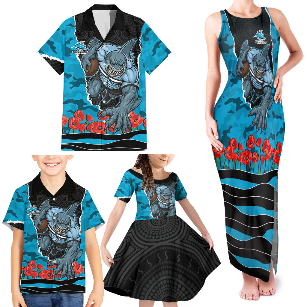 Personalized Sharks ANZAC Tribute Family Matching Tank Maxi Dress and Hawaiian Shirt Poppy Field Soldier Silhouette Aboriginal Rugby Mascot