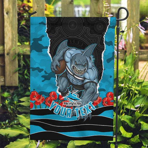 Personalized Sharks ANZAC Tribute Garden Flag Poppy Field Soldier Silhouette Aboriginal Rugby Mascot