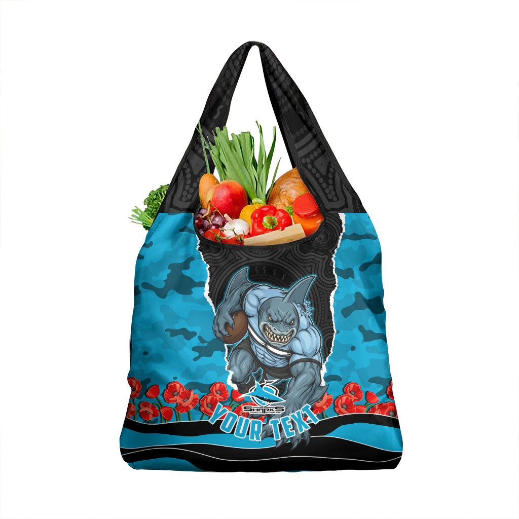Personalized Sharks ANZAC Tribute Grocery Bag Poppy Field Soldier Silhouette Aboriginal Rugby Mascot