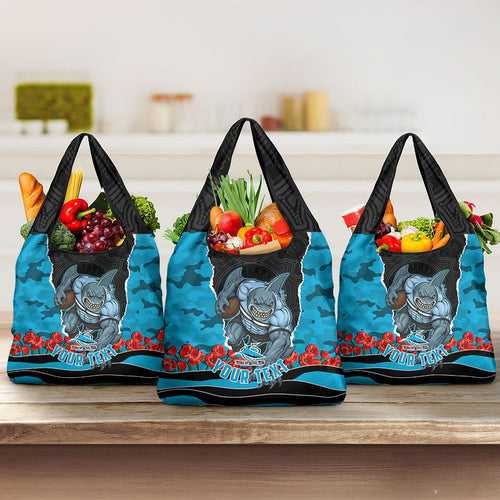 Personalized Sharks ANZAC Tribute Grocery Bag Poppy Field Soldier Silhouette Aboriginal Rugby Mascot