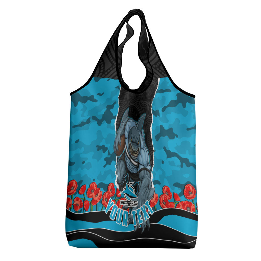 Personalized Sharks ANZAC Tribute Grocery Bag Poppy Field Soldier Silhouette Aboriginal Rugby Mascot