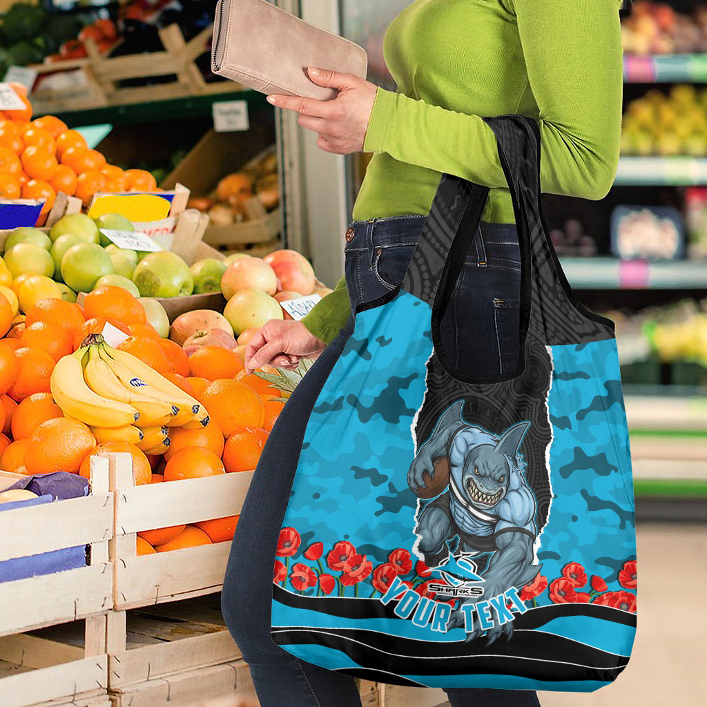 Personalized Sharks ANZAC Tribute Grocery Bag Poppy Field Soldier Silhouette Aboriginal Rugby Mascot