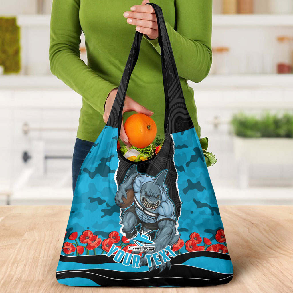 Personalized Sharks ANZAC Tribute Grocery Bag Poppy Field Soldier Silhouette Aboriginal Rugby Mascot