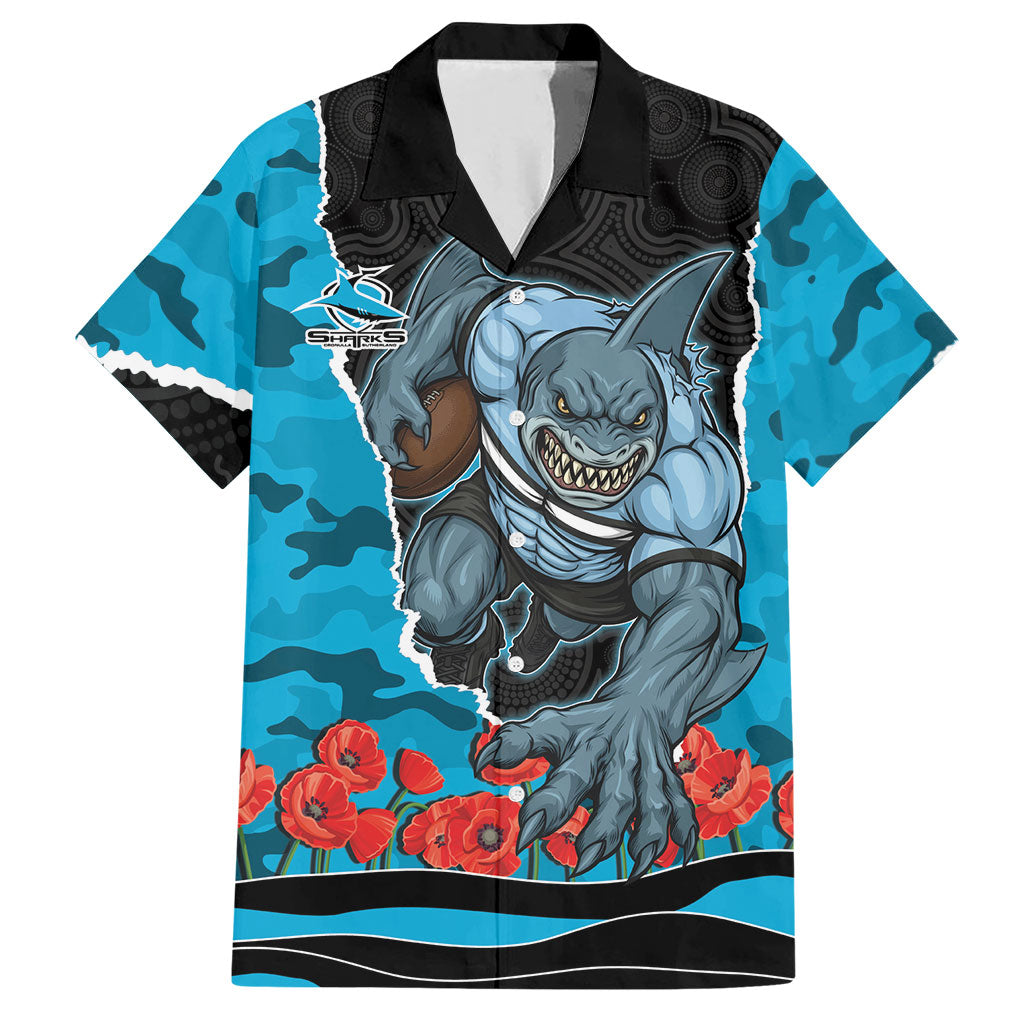 Personalized Sharks ANZAC Tribute Hawaiian Shirt Poppy Field Soldier Silhouette Aboriginal Rugby Mascot