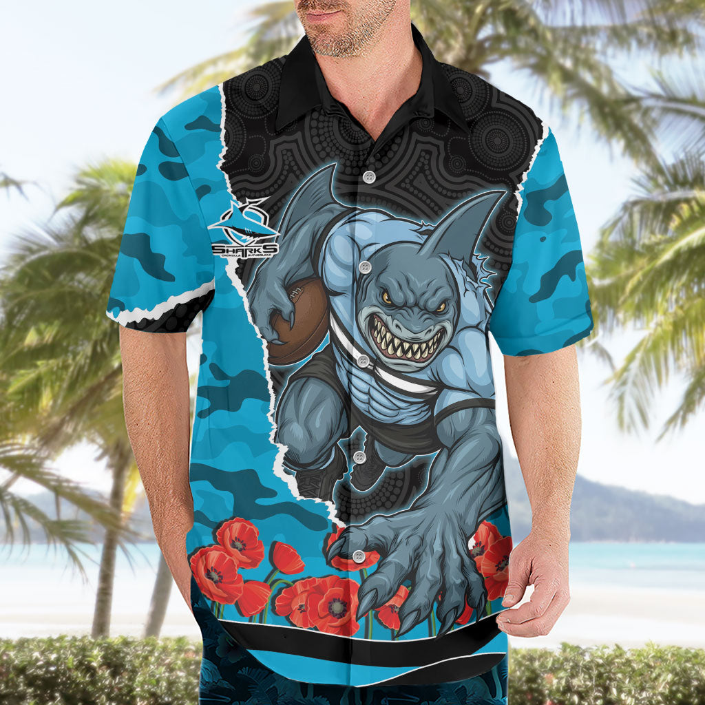 Personalized Sharks ANZAC Tribute Hawaiian Shirt Poppy Field Soldier Silhouette Aboriginal Rugby Mascot