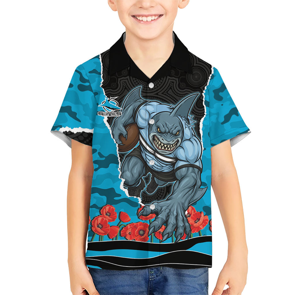 Personalized Sharks ANZAC Tribute Hawaiian Shirt Poppy Field Soldier Silhouette Aboriginal Rugby Mascot
