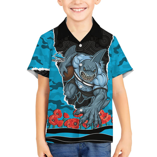 Personalized Sharks ANZAC Tribute Hawaiian Shirt Poppy Field Soldier Silhouette Aboriginal Rugby Mascot