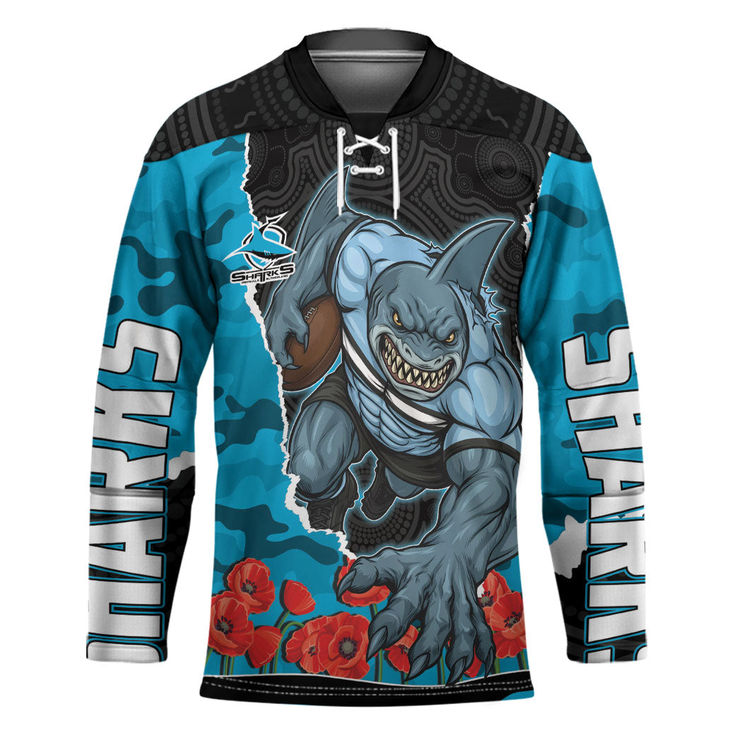 Personalized Sharks ANZAC Tribute Hockey Jersey Poppy Field Soldier Silhouette Aboriginal Rugby Mascot